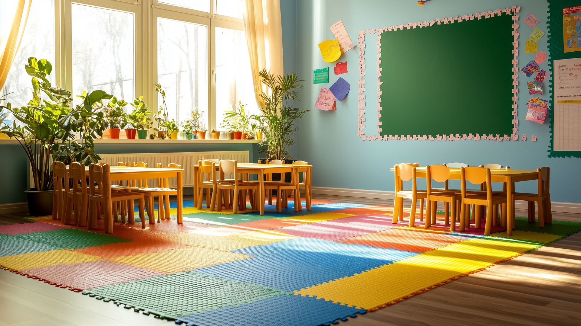 Bright, colorful classroom with wooden furniture, rainbow mat, plants, and green bulletin board with notes.