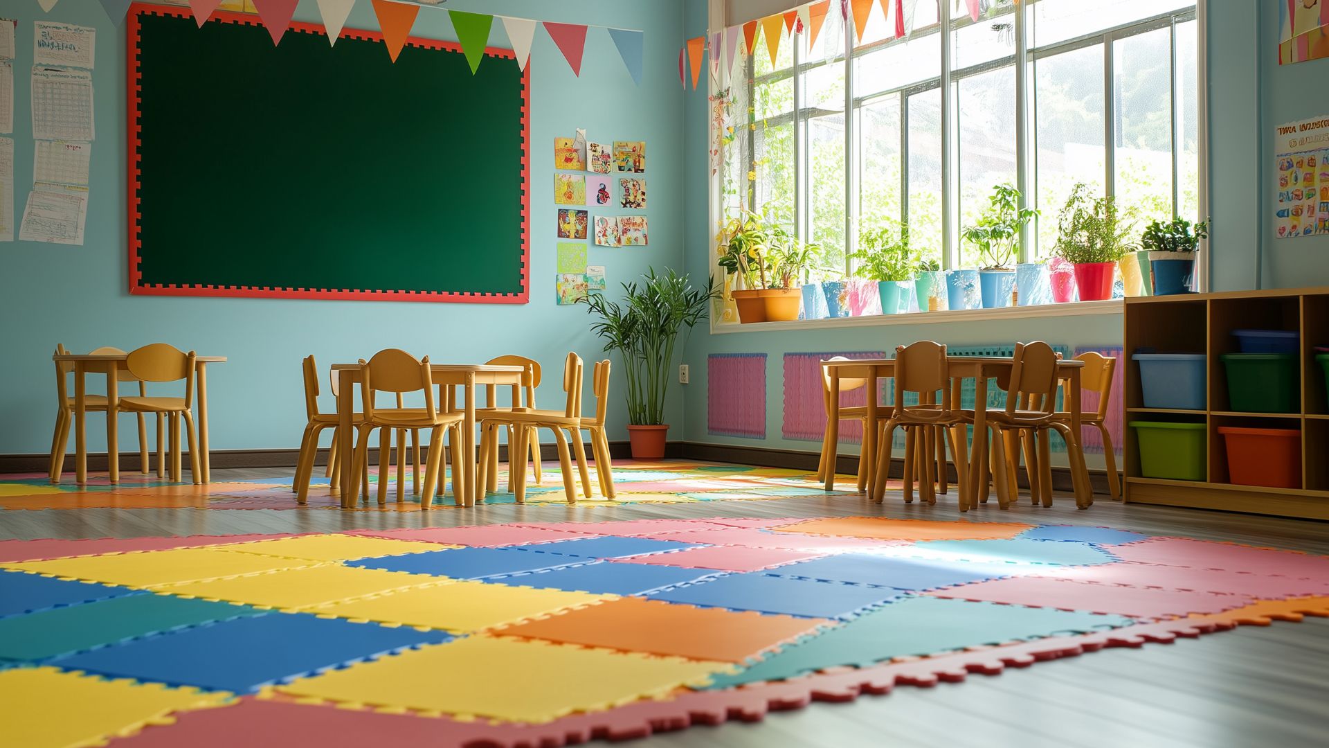 Bright classroom with colorful foam floor mats, wooden chairs, chalkboard, and potted plants by windows