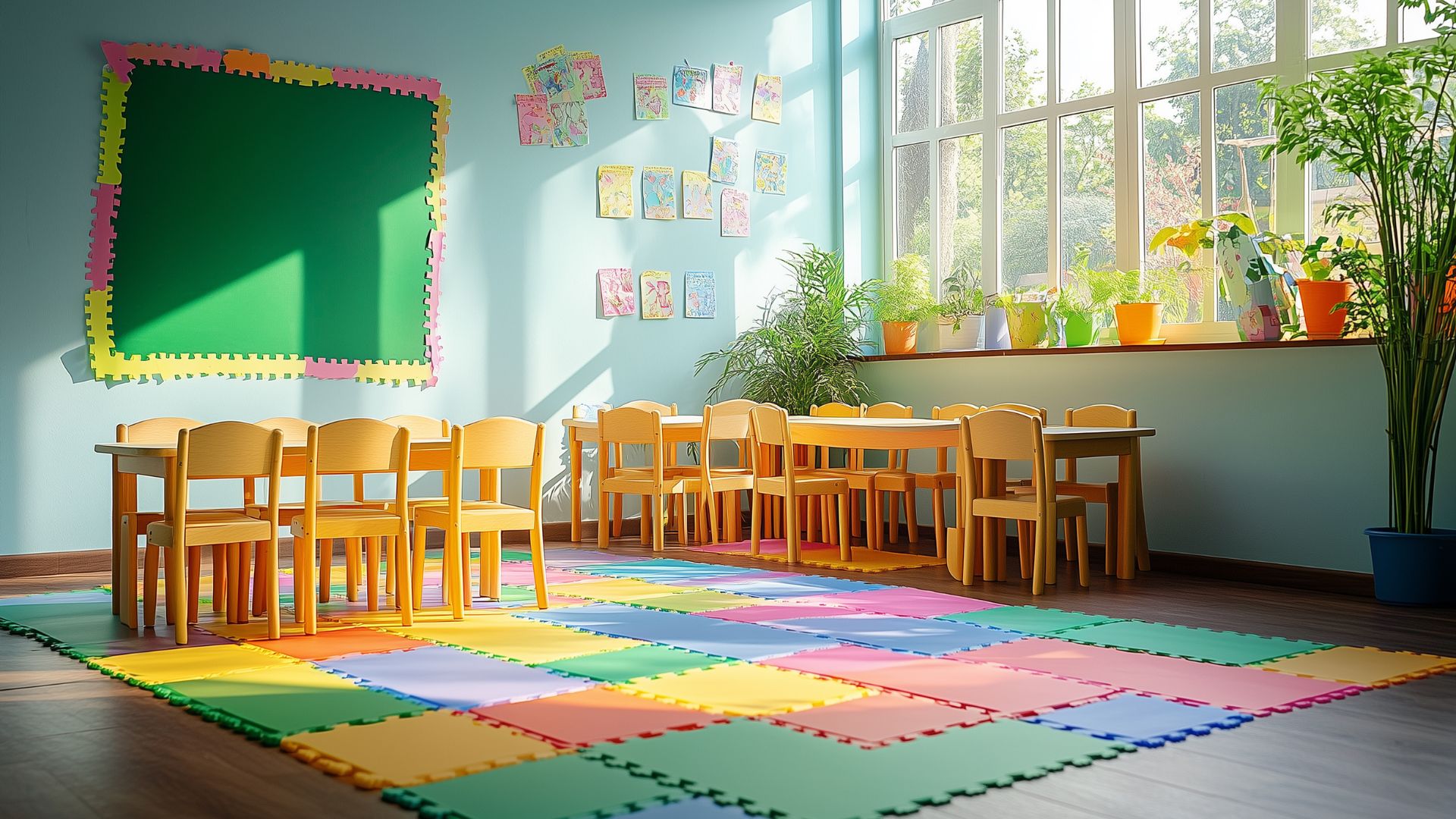 Bright classroom with wooden chairs, colorful foam mat, plants, and green whiteboard for learning.